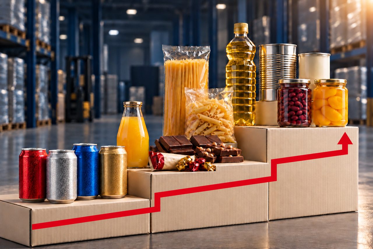 Food and beverages on three ascending shipping cartons, connected by a rising red growth arrow
